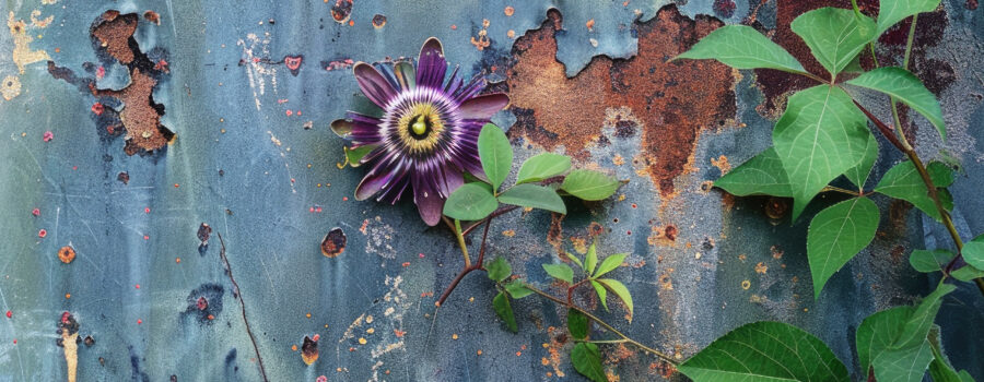 passionflower vine on metal wall