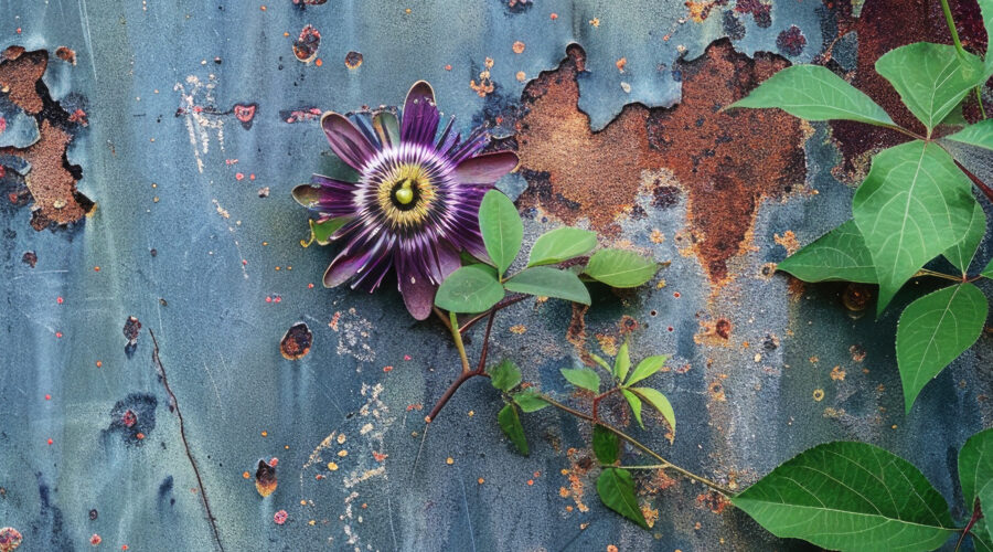 passionflower vine on metal wall